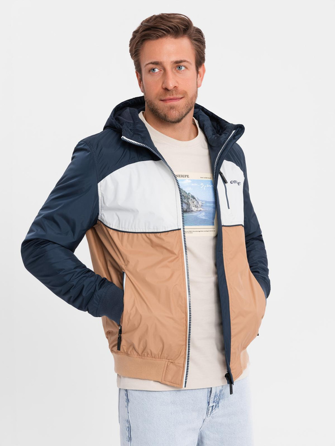 Lightweight colorful men's sports jacket with fleece - brown and navy blue V1 OM-JANP-0194