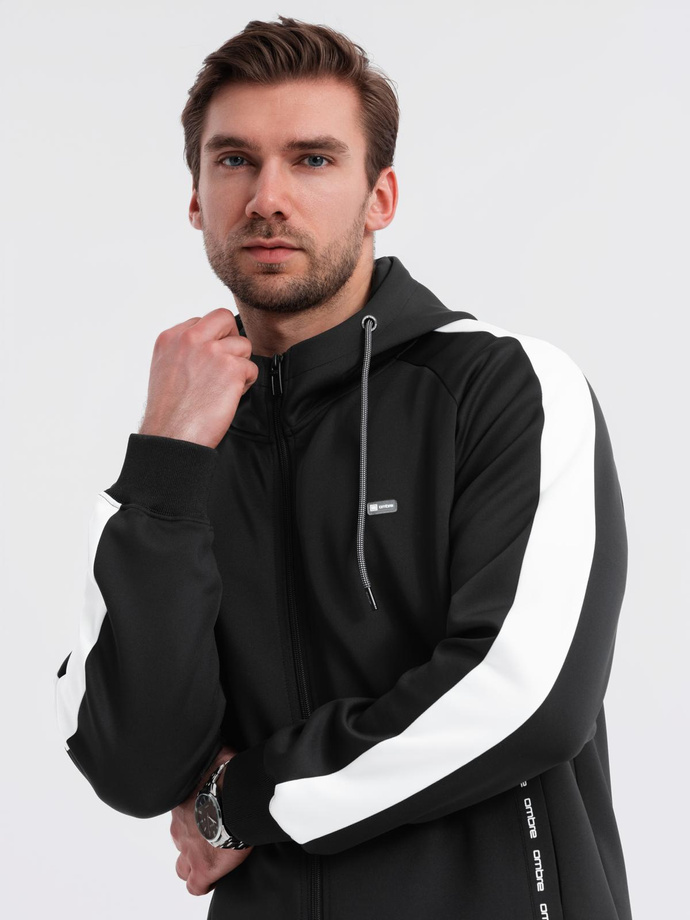 Men's unbuttoned hooded sweatshirt with piping - black V1 OM-SSZP-0210