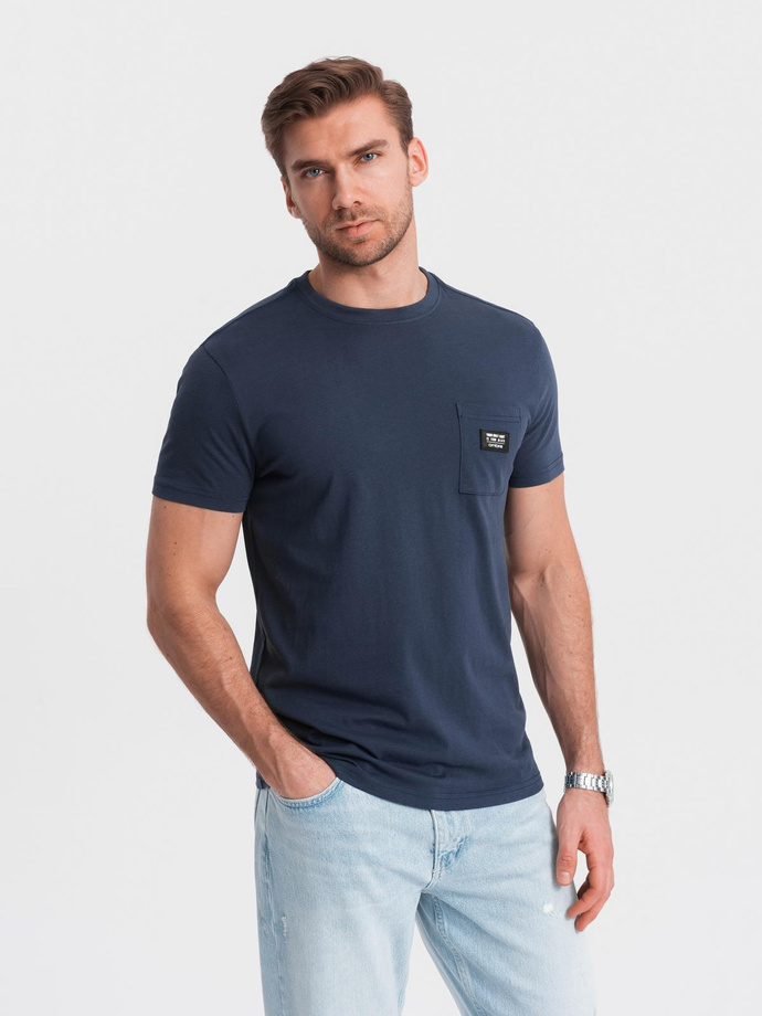 Men's casual t-shirt with pocket patch - navy blue V10 OM-TSCT-0109