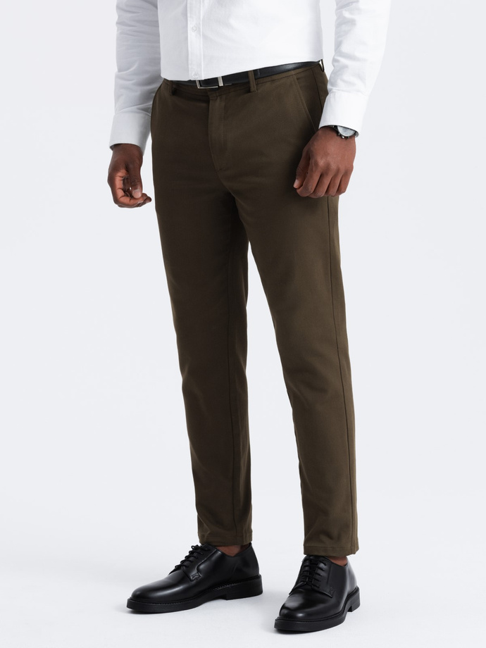 Spodnie męskie chino SLIM FIT z delikatną teksturą - ciemnooliwkowe V4 OM-PACP-0190