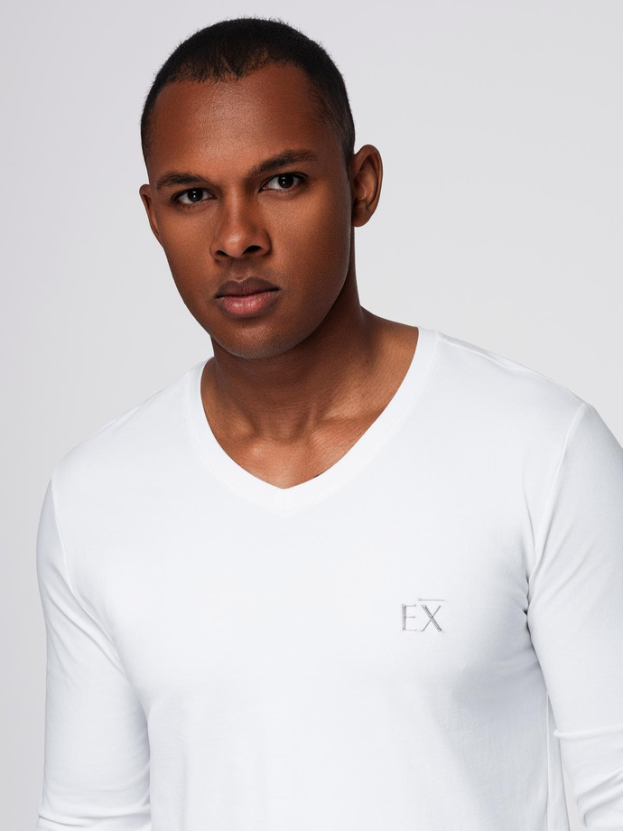 Men's V-neck SLIM FIT longsleeve with elastane and print - white V2 OM-LSBC-0123