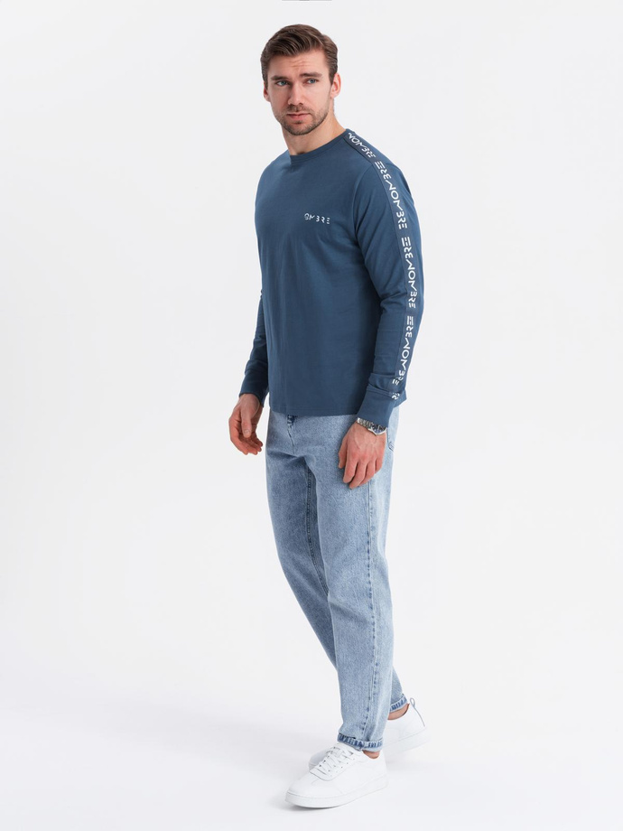 Men's cotton U-neck longsleeve with piping and chest print - dark blue V1 OM-LSCL-0127