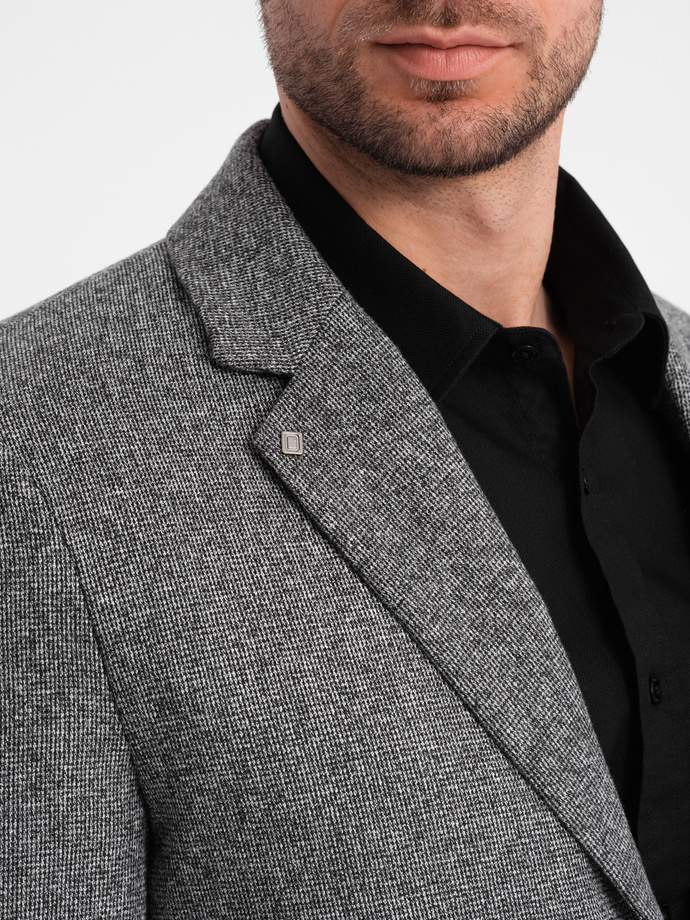 Men's casual blazer with decorative pin on lapel - grey melange V1 OM-BLZB-0120