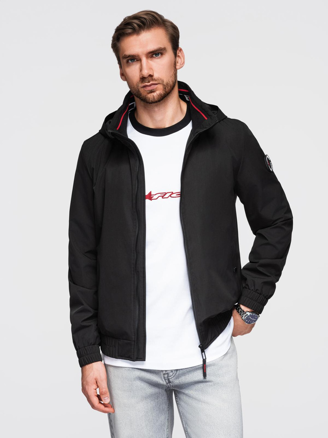 Men's faux leather jacket with ribbed bottom hem - black V2 OM-JAFL-0109