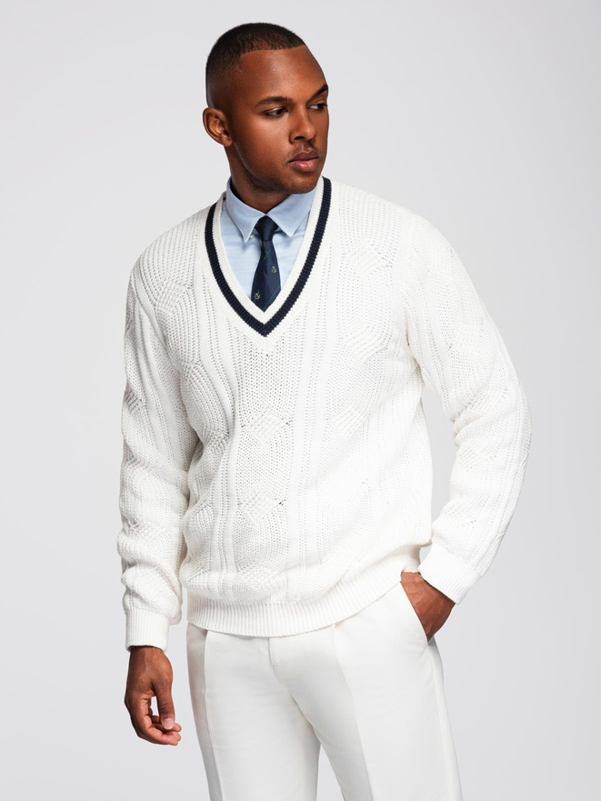 Men's plaid sweater with crew neckline - white V1 OM-SWSW-0151