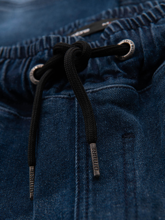 Men's denim jogger pants with rips and zippers - dark blue V1 OM-PADJ-0243