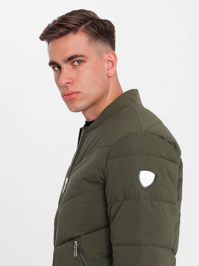 Men's quilted bomber jacket with metal zippers - dark olive green V3 OM-JALP-0143
