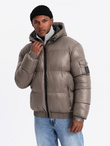 Ciepła męska kurtka puffer ze ściągaczami – ciemnobeżowa V3 OM-JAHP-0207