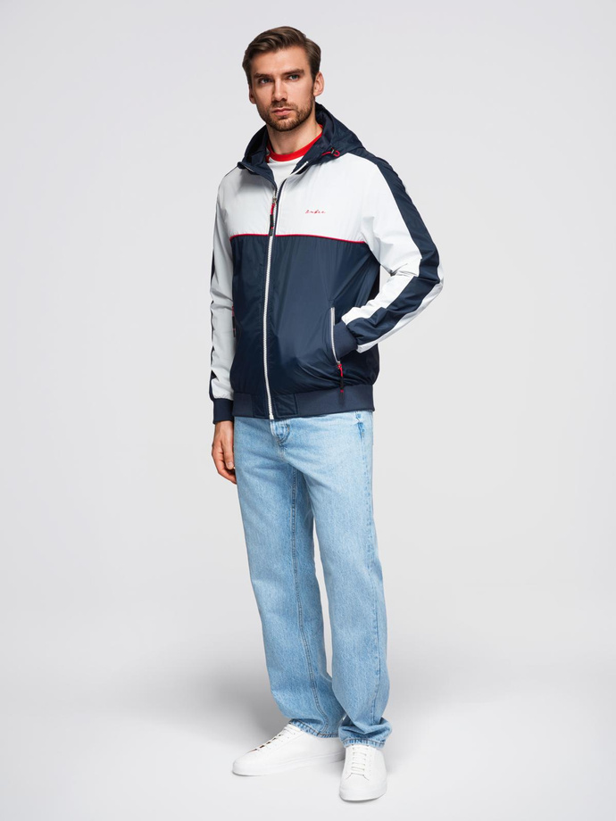 Men's contrast windbreaker jacket with hood - navy blue and white V1 OM-JANP-0228