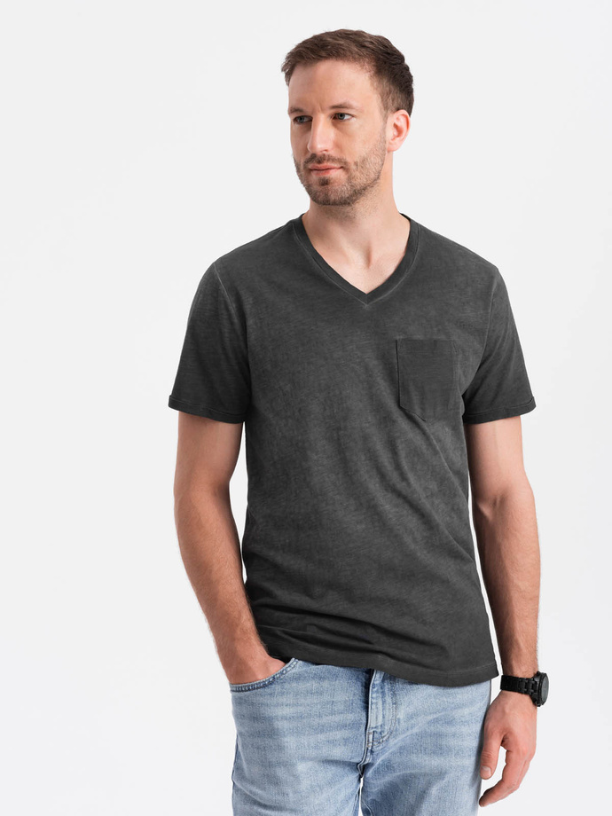 Męski t-shirt V-neck o pręgowanej strukturze z kieszonką – czarny V6 OM-TSCT-22SS-002