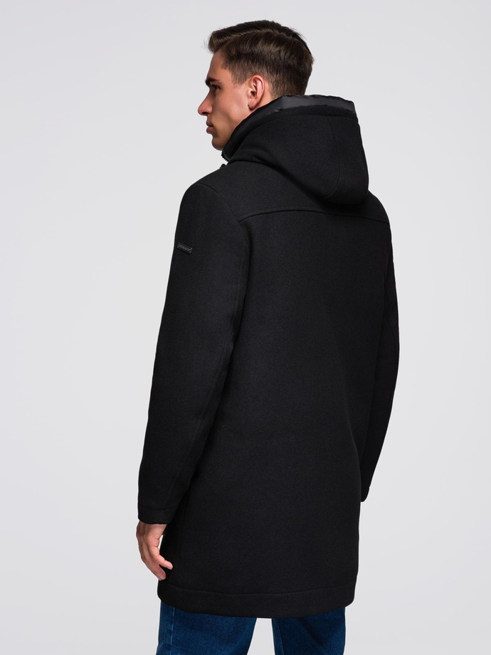 Men's insulated coat with hood and concealed zipper - black V1 OM-COWC-0110