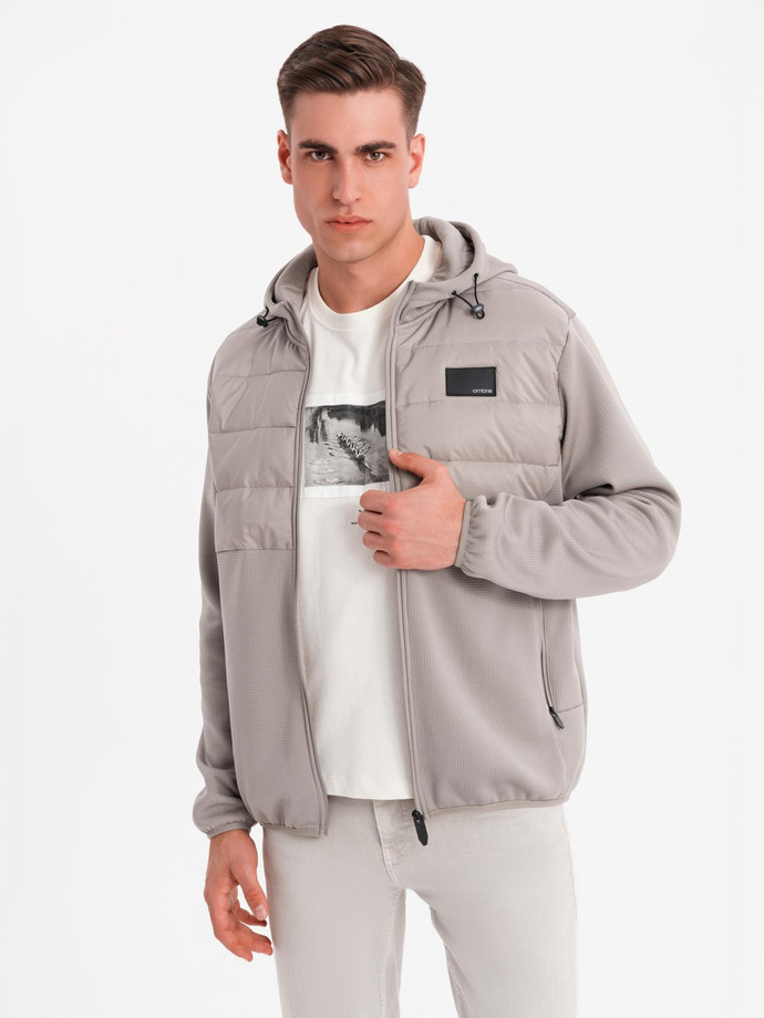 Men's lightweight jacket of combined materials with hood and decorative quilting - ash V3 OM-JANP-0160 