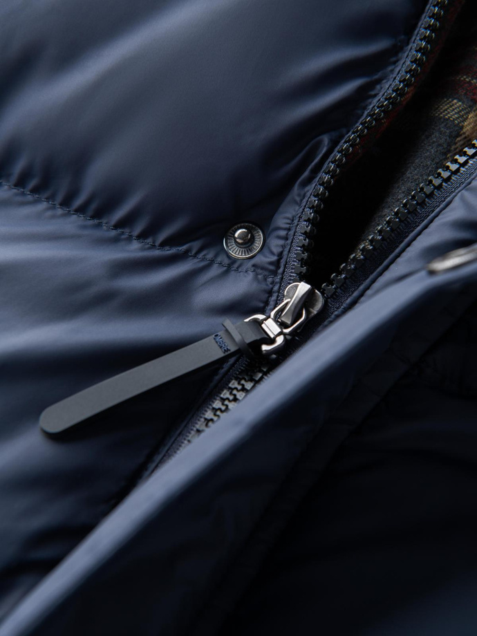 Men's puffer jacket with check lining - navy blue V1 OM-JAHP-0205