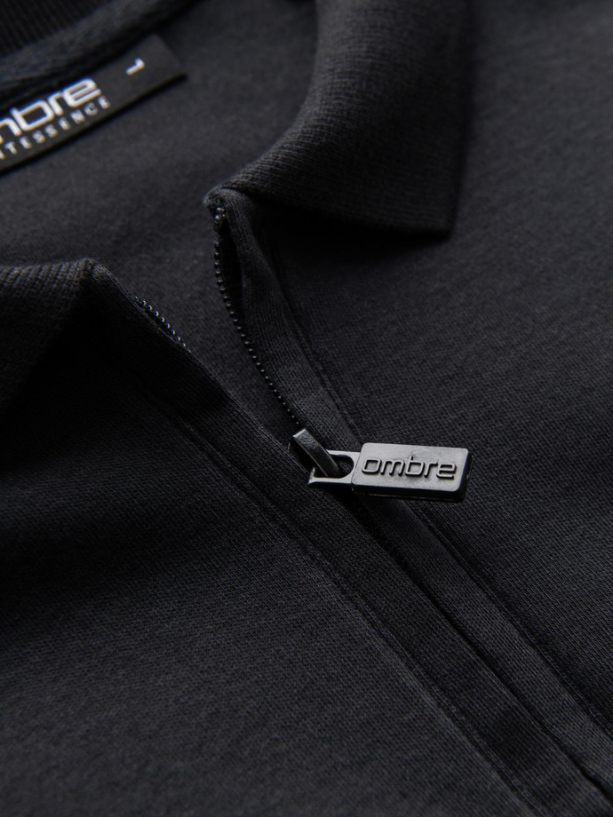 Męski longsleeve z zapinanym na zamek kołnierzykiem polo – czarny V8 OM-POLS-0130