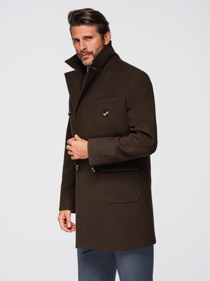 Men's coat with asymmetrical fastening and high collar - light brown V4 OM-COWC-0120