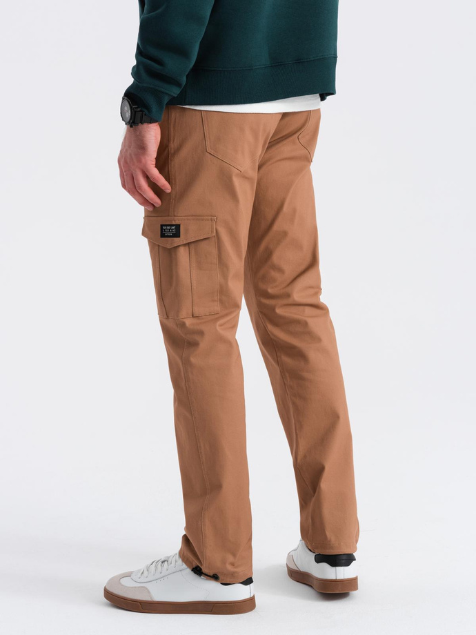 Men's pants with cargo pockets and leg hem - light brown V3 OM-PACG-0189