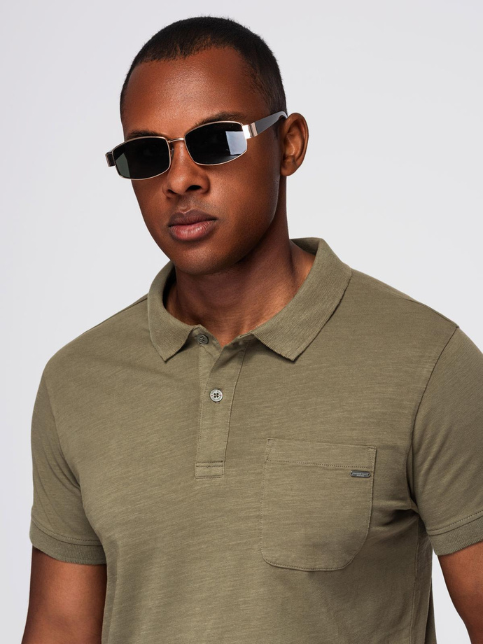 Men's polo t-shirt with decorative buttons - dark olive V5 S1744
