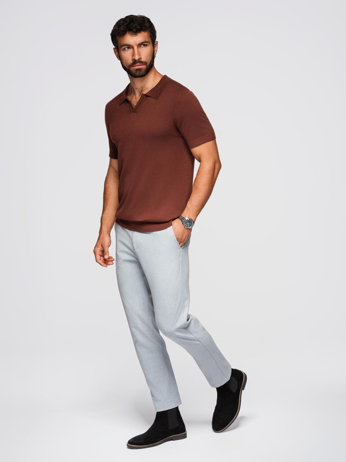 Men's buttonless polo shirt with classic weave - dark brown V4 OM-POSS-0159