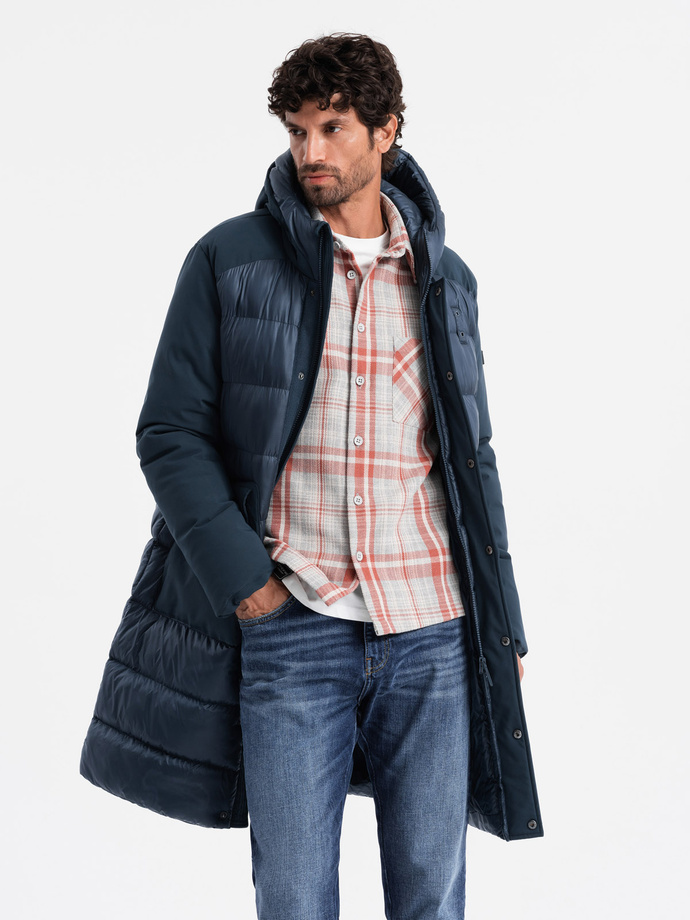 Men's quilted long jacket with large pockets - navy blue V4 OM-JALJ-0165