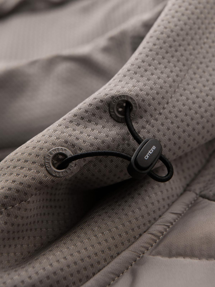 Men's lightweight jacket of combined materials with hood and decorative quilting - ash V3 OM-JANP-0160 