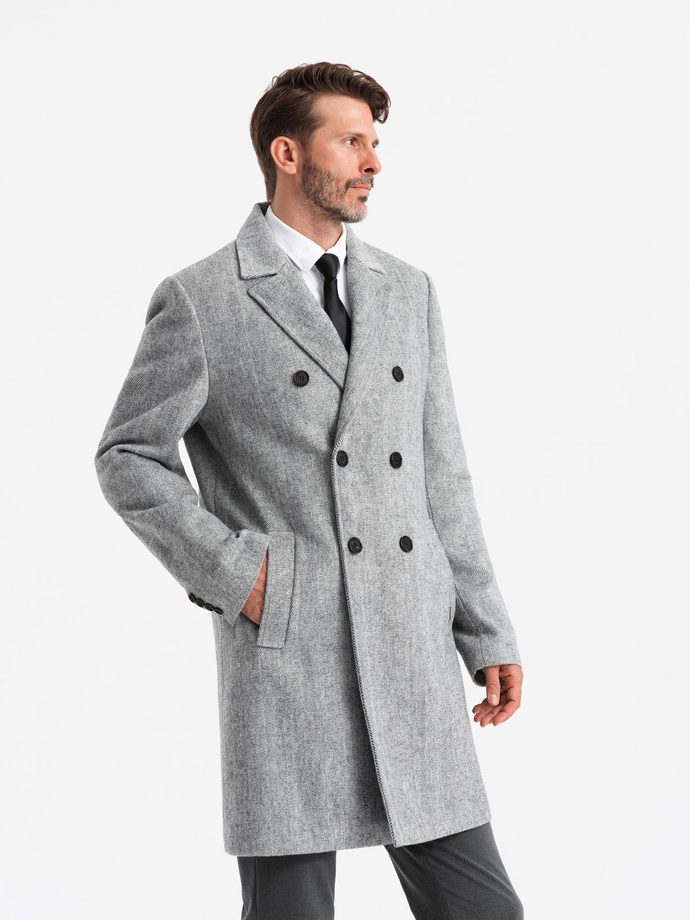 Elegant double-breasted men's herringbone coat - grey V1 OM-COWC-0118