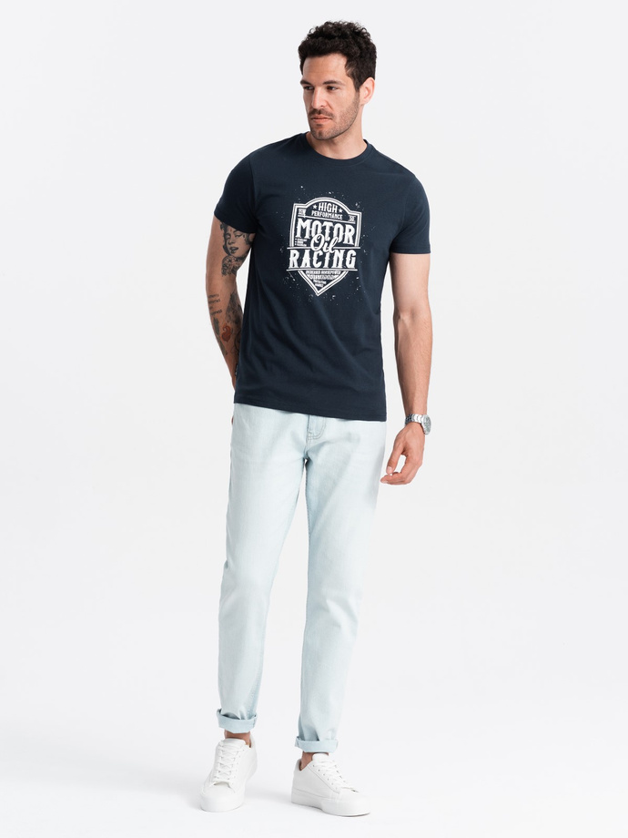 T-shirt męski z nadrukiem w stylu motocyklowym – granatowy V4 OM-TSPT-0125
