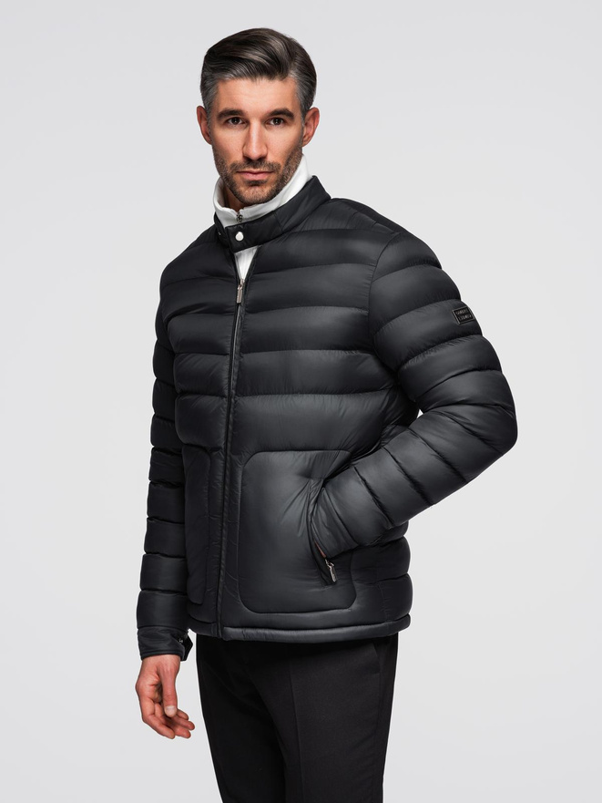 Men's imitation leather jacket with ribbed hem - dark brown V1 OM-JAFL-0109