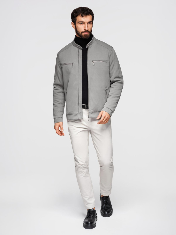Men's biker jacket with pockets and collar - grey V3 OM-JALP-0157