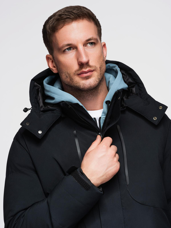 Men's winter jacket with detachable hood in waterproof material - black V3 OM-JAHP-0306