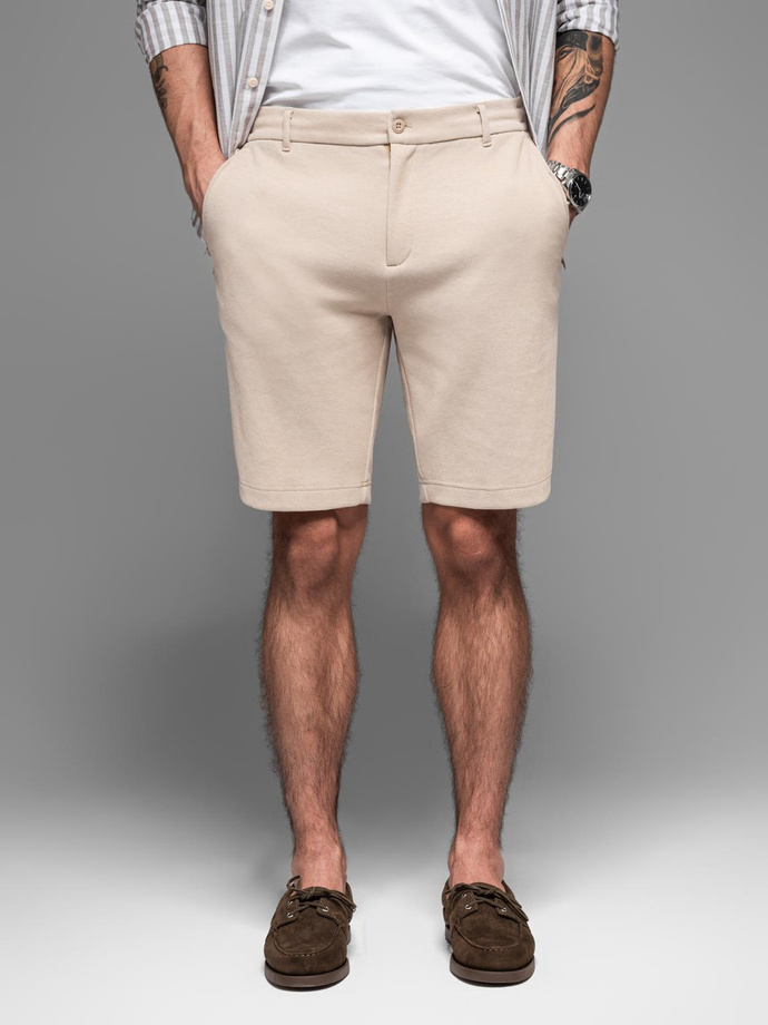 Męskie krótkie spodenki SLIM FIT z melanżowej strukturalnej dzianiny – piaskowe V3 OM-SRCS-0166