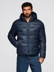 Men's quilted puffer jacket with hood - navy blue V4 OM-JAHP-0235