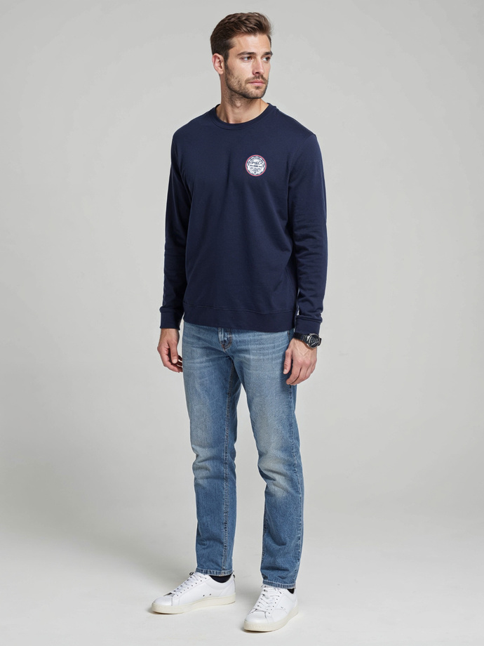Men's non-stretch sweatshirt with college style patch - navy blue V2 OM-SSNZ-0134