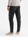 Jeansowe spodnie cargo SLIM FIT z efektem wybielania – czarne V2 OM-PADP-0176