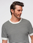 Men's knitted t-shirt with navy stripes and openwork weave - black and white V1 OM-TSCT-0255