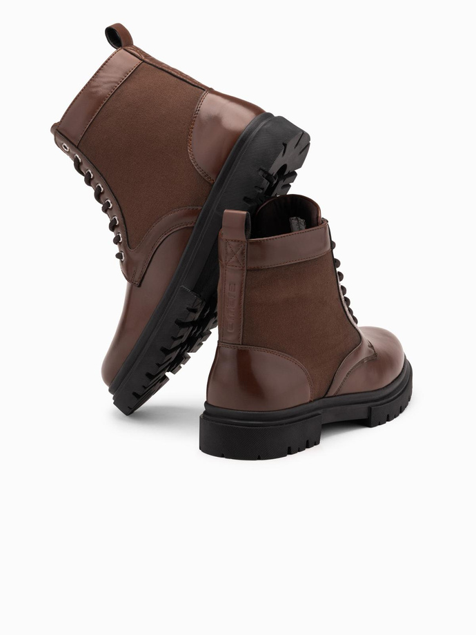 Men's trapper boots with high upper made of combined materials - dark brown V2 OM-FOBO-0174