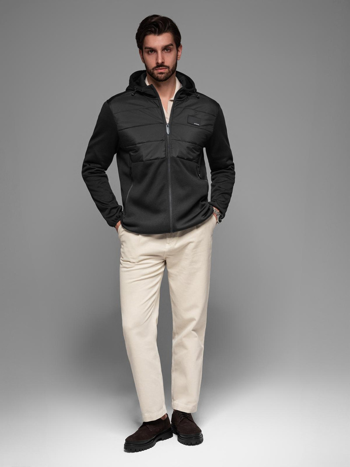 Men's lightweight jacket of combined materials with hood and decorative quilting - black V5 OM-JANP-0160 