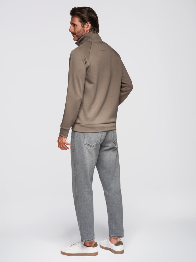 Men's sweatshirt with contrasting print and unbuttoned high collar - grey-brown V3 OM-SSZP-0211