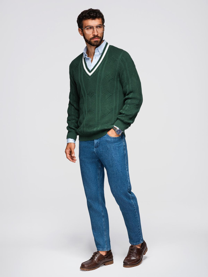 Men's plaid sweater with crew neckline - green V3 OM-SWSW-0151