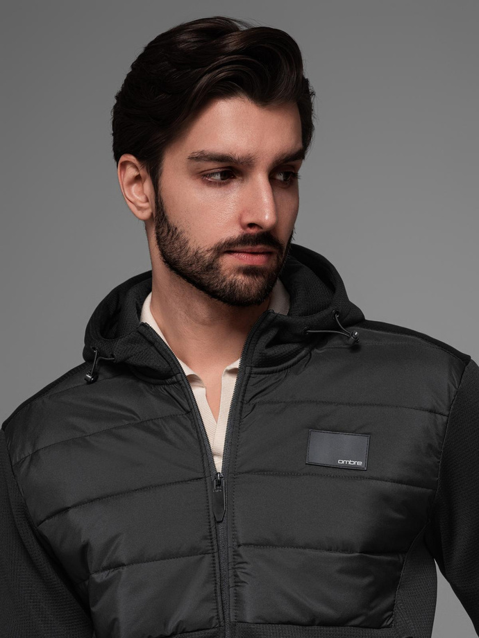 Men's lightweight jacket of combined materials with hood and decorative quilting - black V5 OM-JANP-0160 