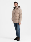 Men's puffer jacket with check lining - beige V2 OM-JAHP-0205