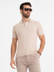 Men's SLIM FIT viscose vertical striped polo shirt - beige V2 OM-POSS-0143