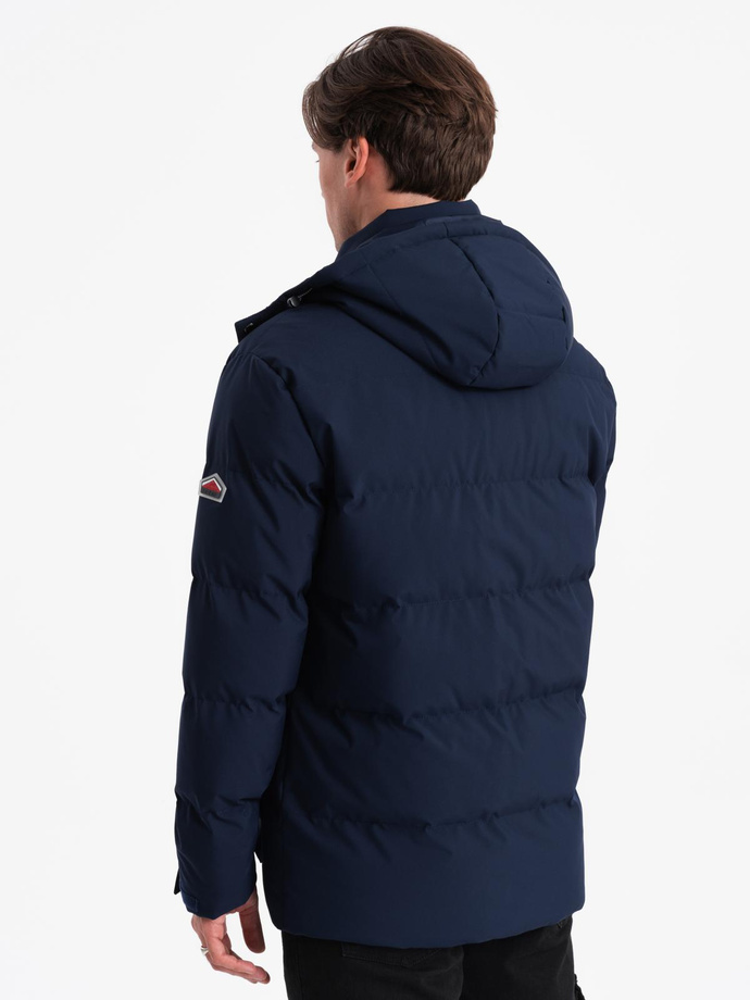 Men's winter jacket with detachable hood made of waterproof material - navy blue V1 OM-JAHP-0306