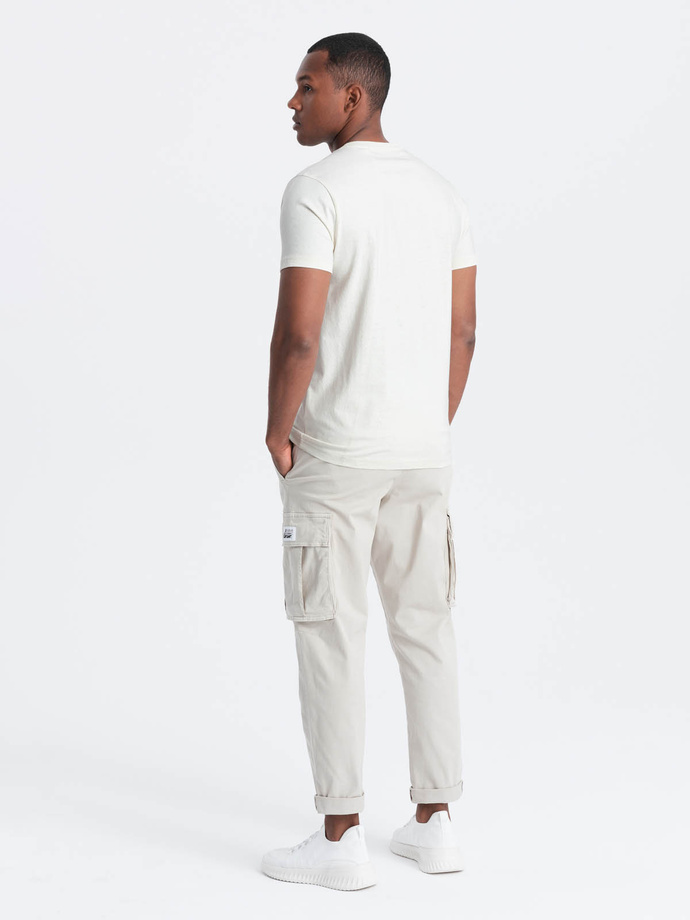 Men's cotton T-shirt with delicate embroidery - cream V2 OM-TSCT-0170