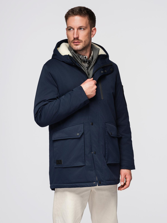 Men's long parka jacket with sheepskin - navy blue V2 OM-JAPJ-0316