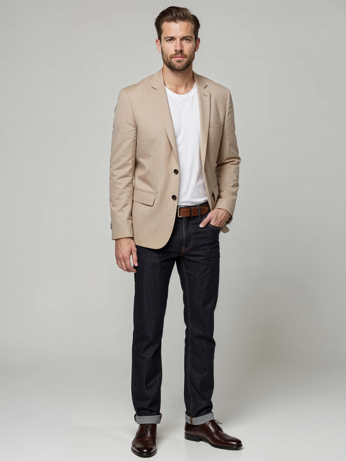 Elegancka męska marynarka SLIM FIT z rayonem – beżowa V2 OM-BLZB-0135
