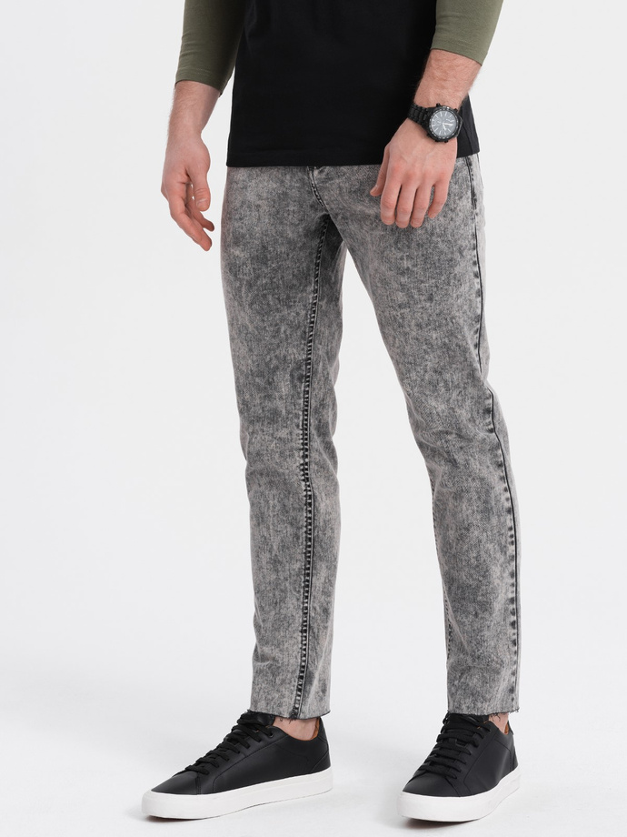 Spodnie męskie jeansowe marmurkowe z surowo wykończoną nogawką SLIM FIT -  szare V1 OM-PADP-0146