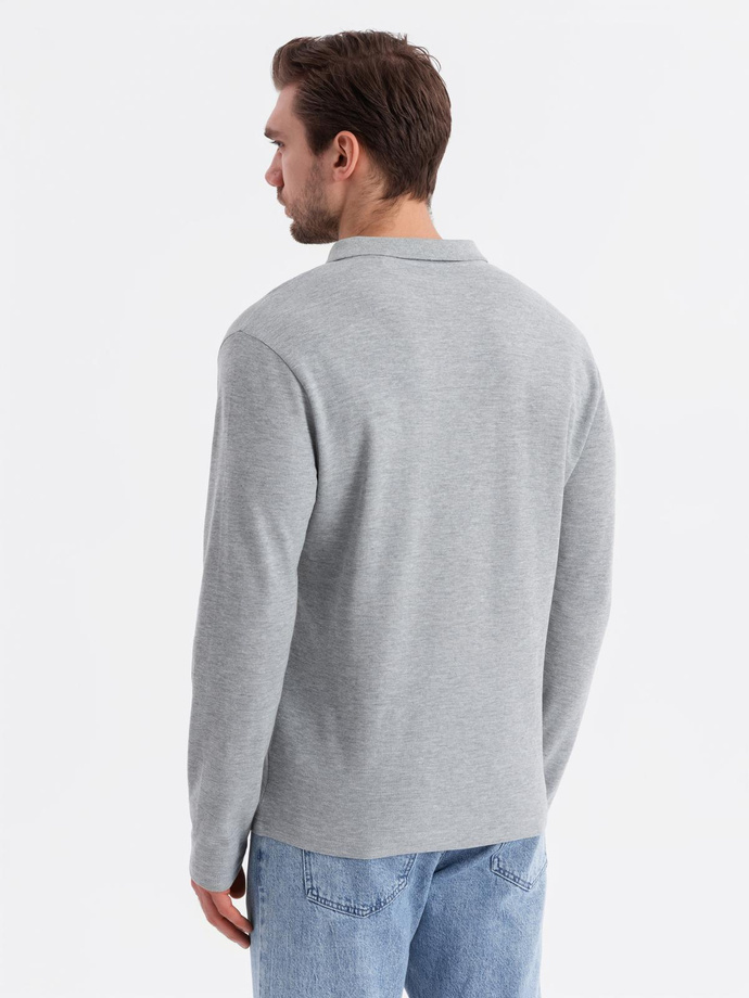 Męski longsleeve z kołnierzykiem polo BASIC – szary melanż V4 OM-POBL-0114