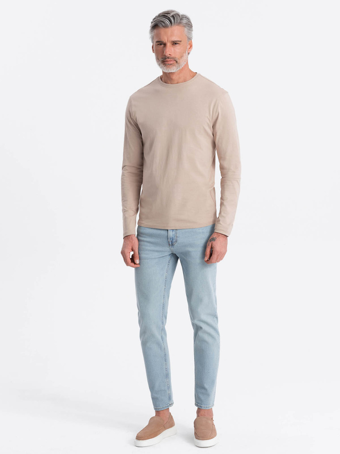 Męski longsleeve BASIC z okrągłym dekoltem - beżowy V8 OM-LSBL-0106