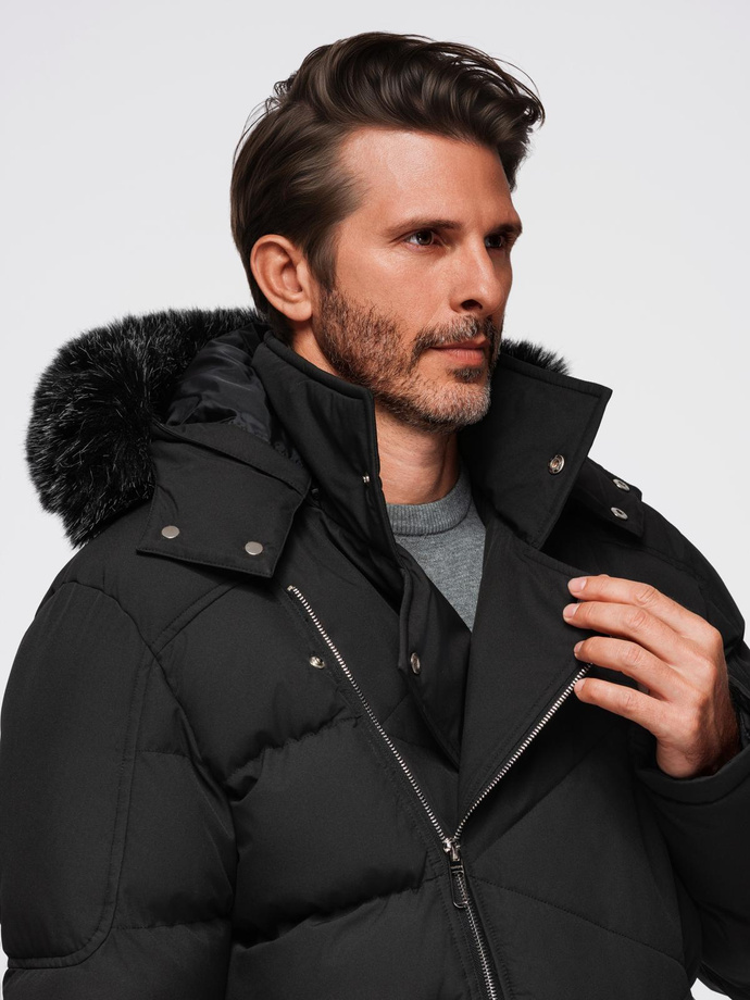 Men's quilted jacket with cut of ramoneski with hood - black V1 OM-JAHP-0252