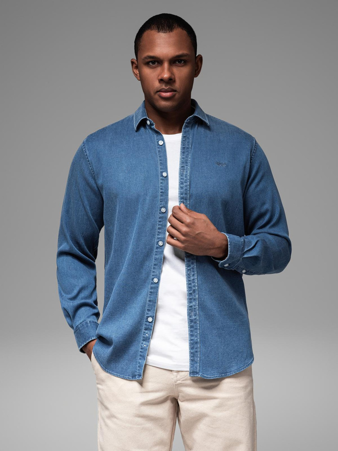 Men's denim shirt with lyocell and embroidery on the chest - blue V2 OM-SHDS-0180